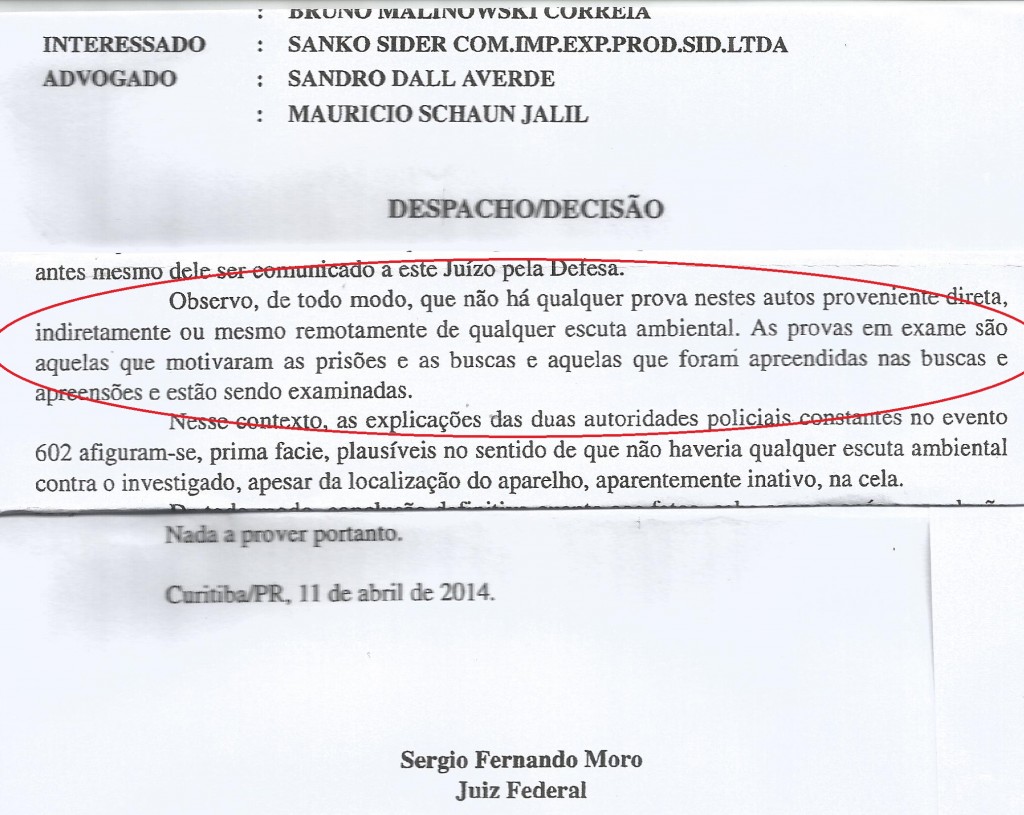 Trecho do despacho do juiz Moro no dia 11 de abril de 2014, após  ser comunicado da descoberta do grampo na cela de Youssef (Reprodução editada)