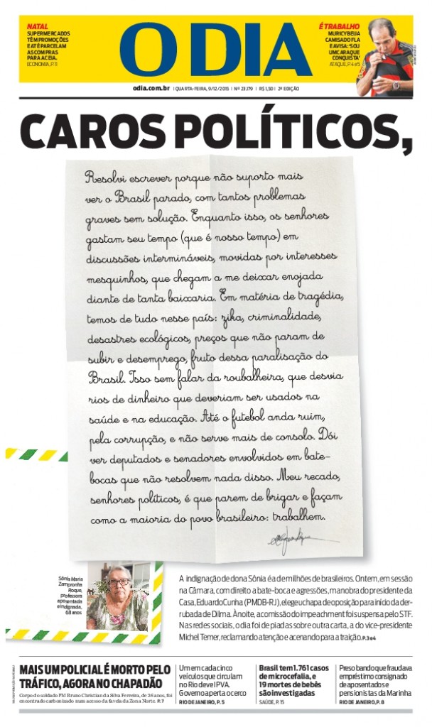 Reprodução da 1ª página de O DIA desta quarta-feira (09/12) com a carta indignada da professora aposentada Sonia Maria Zampronha Roque.