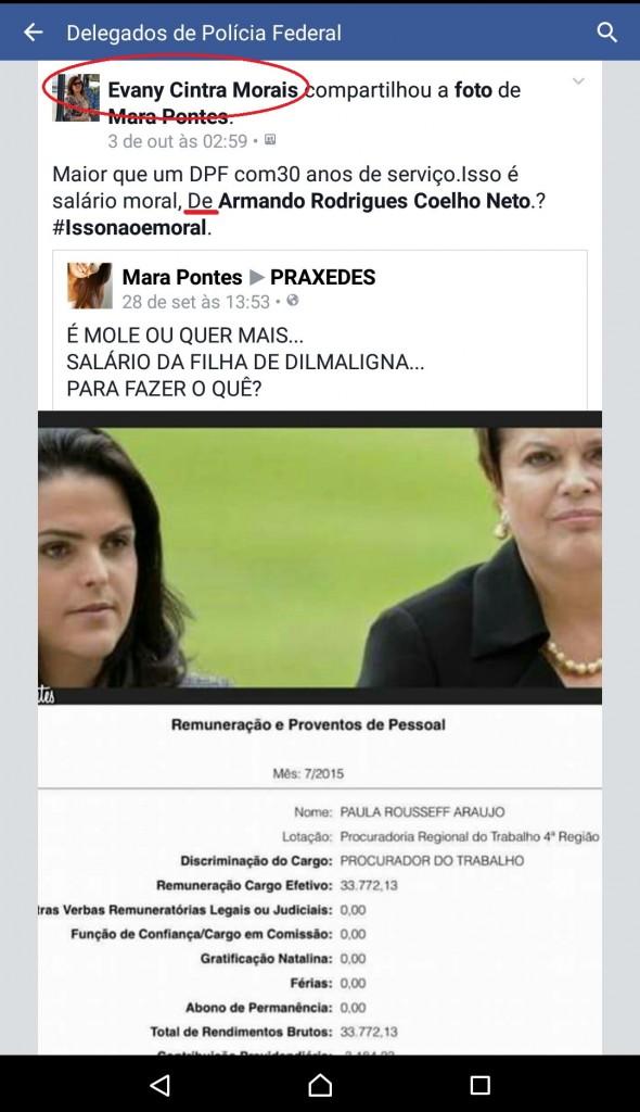 Postagem na página dos Delegados de Polícia foi de autoria da delegada Evany Cintra Moraes 