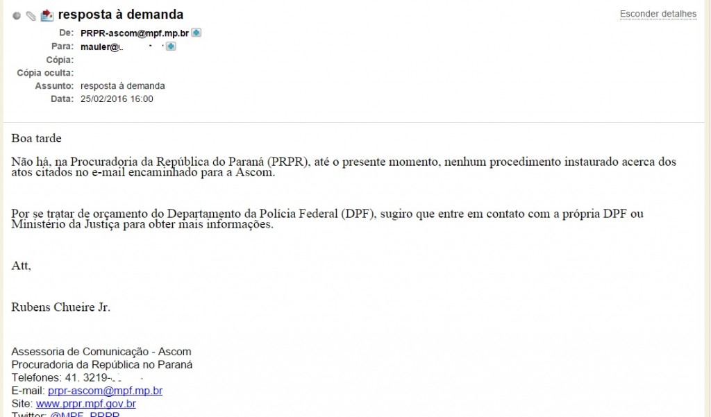 Na respostada Procuradoria,  a confissão de omissão na investigação de possíveis crimes.