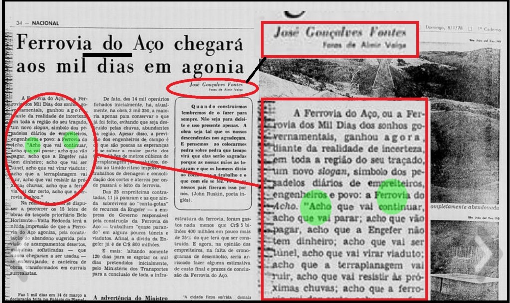 Na reportagem de janeiro de 1978, José Gonçalves Fontes jogou com o "achômetro" em torno  da Ferrovia do Aço cunhando o slogan a "ferrovia do acho". Hoje vivemos em uma "nação do acho"