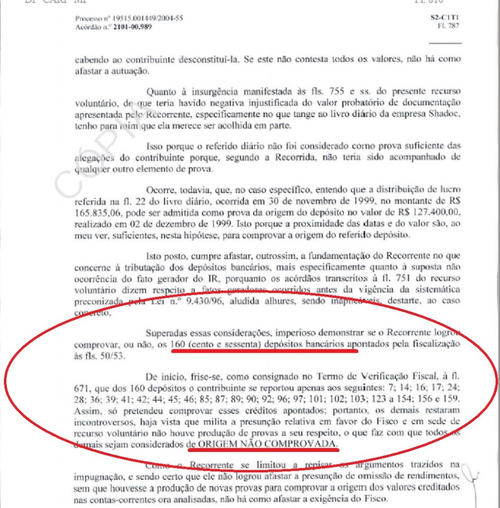 No relatório do CARF a menção aos 160 depósitos dos quais Marcelo de Azeredo apenas conseguiou justifica 27. Os demais 133 não têm origem comprovada. Reprodução