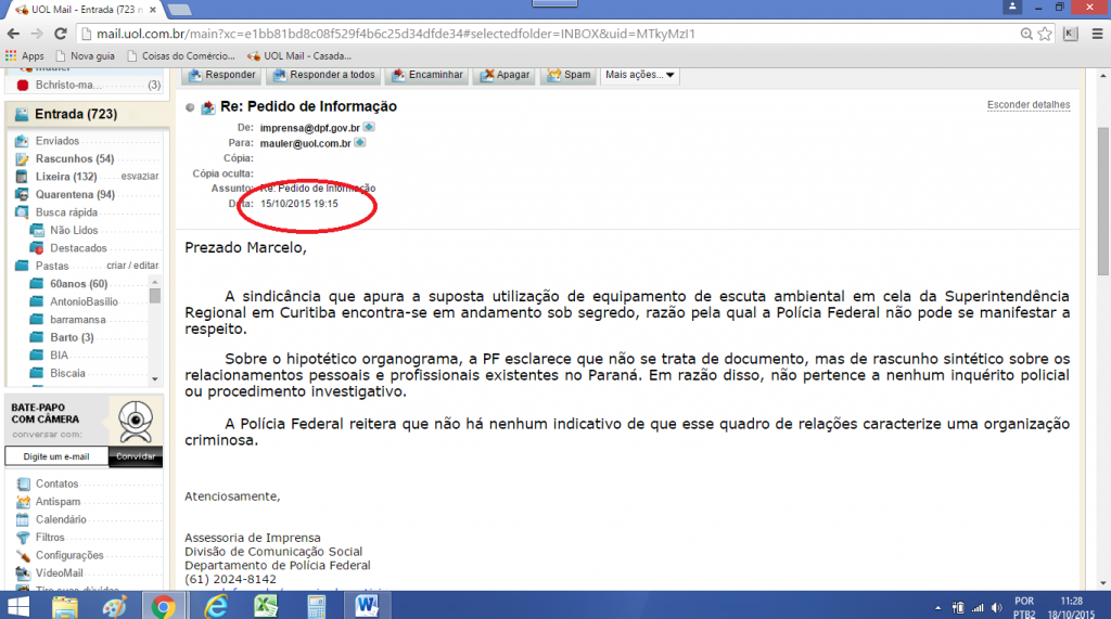 copia do e-mail do DPF que chegou às 19H15