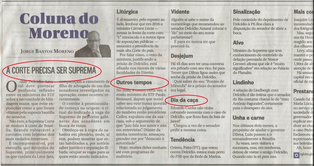 As três notas da Coluna do Moreno que me levam a apoiá-lo. Foto Reprodução de O Globo, edição de 28/11/2015