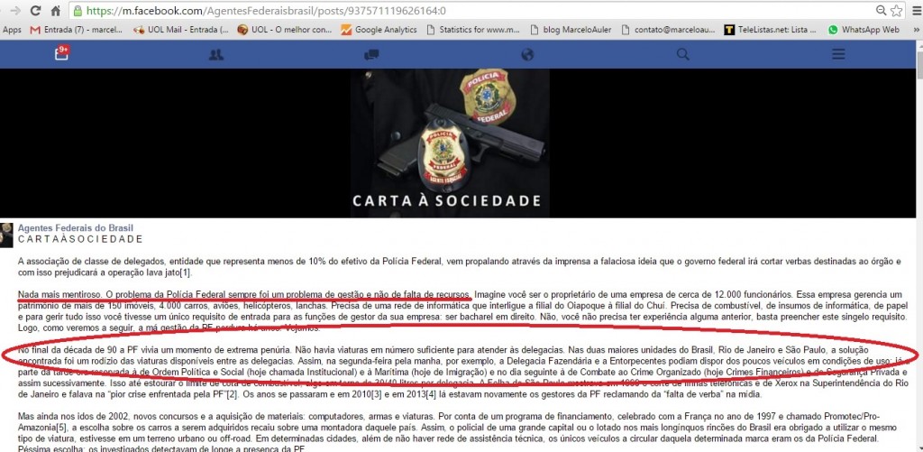 Na carta à sociedade, a Associação de Delegados Federais fala da falta de gestão no DPR e relembra os momentos de penúria na década de 1990 - reprodução do Facebook