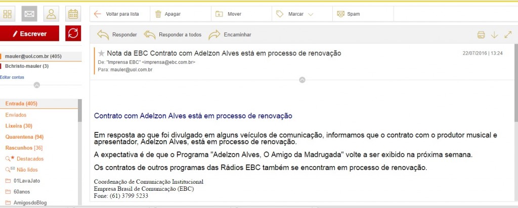 Email da Comunicação Social da EBC anunciando a volta do "Amigo da madrugada"