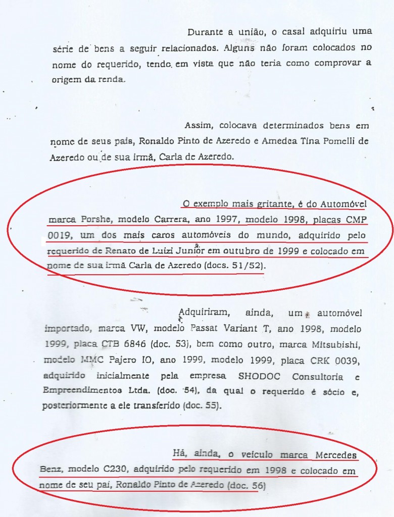 Na ação que Érika apre4sentou na 2ª Vara de Família em 2000, a denúncia de que carros importados adquiridos por Marcelo estavam em nome do pa,i Ronaldo, e da irmã, Carla. A Receita Federal não só confirmou isto como autuou Carla por não ter rendimento que justificasse a compra. Reprodução