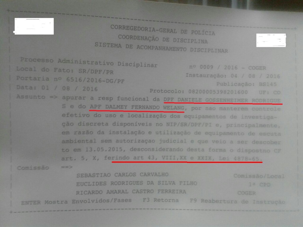 No documento que conseguimos com exclusividade, além de constarem os nomes da delegada Daniele e do agente Dalmey, listam-se os artigos que ambos teriam violado. Nenhum deles prevê a demissão. (na reprodução, apagamos dados que poderiam identificar a fonte)