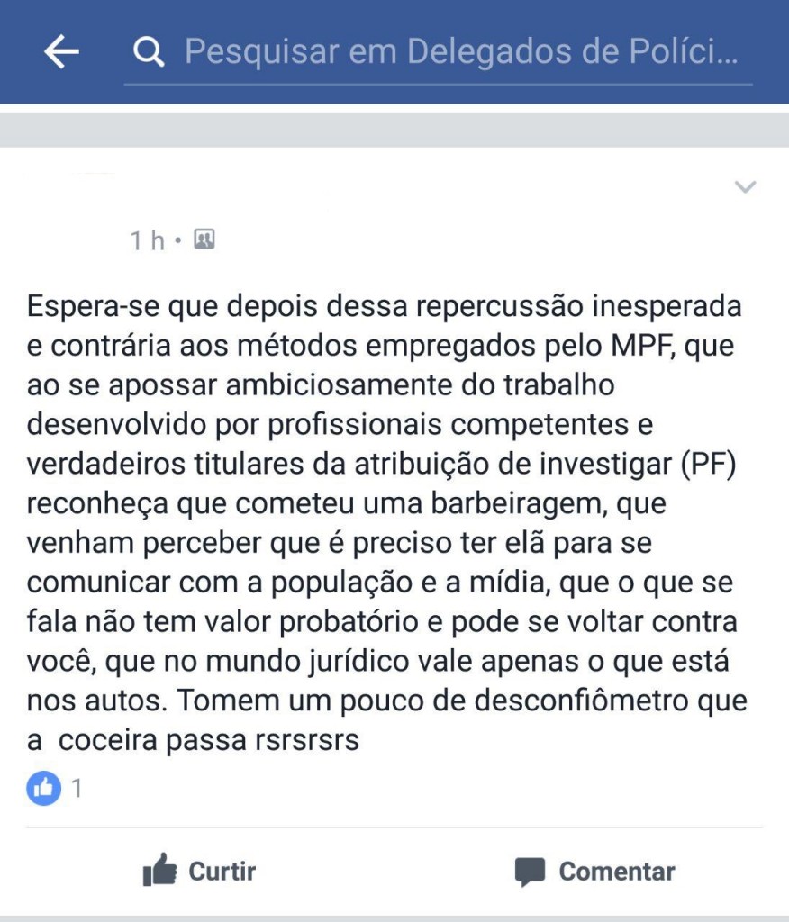 A critica de um delegado aposentado, sindicalista, reconhecidamente de direita, que defende a Lava Jato e que nãso identificamos aqui para darmos tratamento isonômiico ao que foi dado ao juiz e professor de Direito.